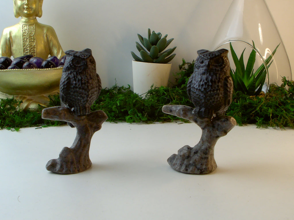 Eule auf Stand aus Obsidian und Yopperlite